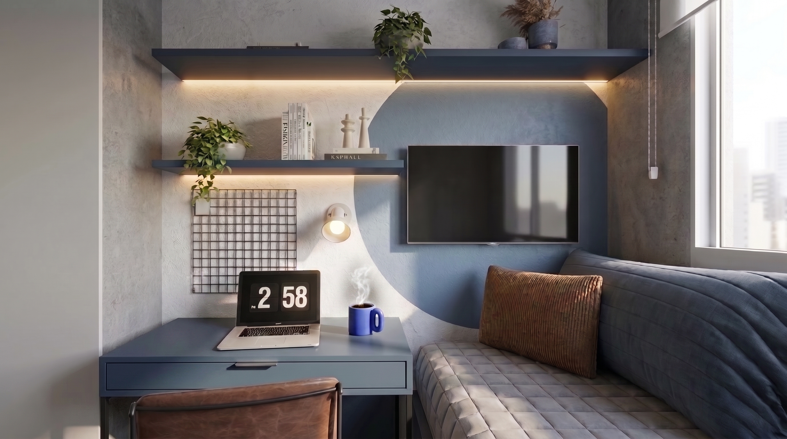 Render fotorrealista de home office integrado, gerado com IA