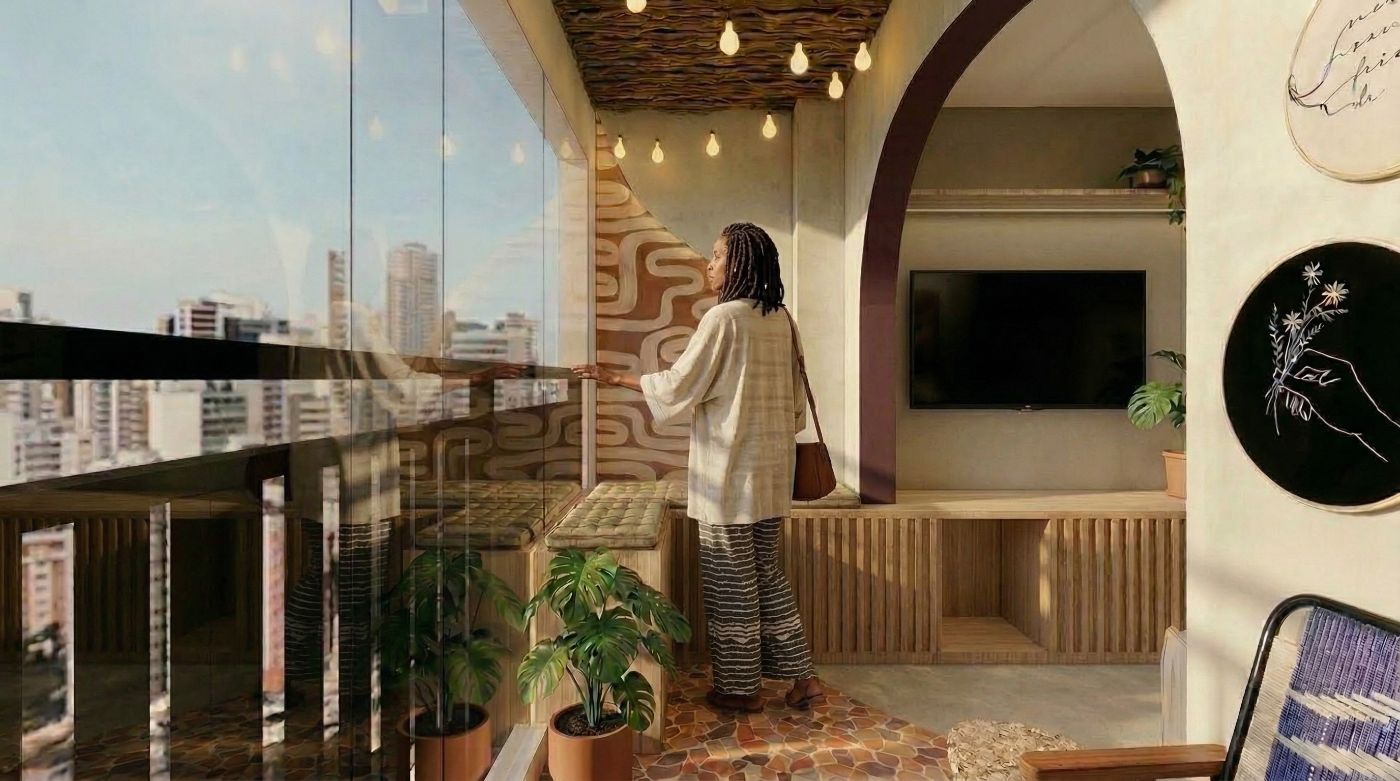 Render fotorrealista de cliente na varanda, gerado com IA